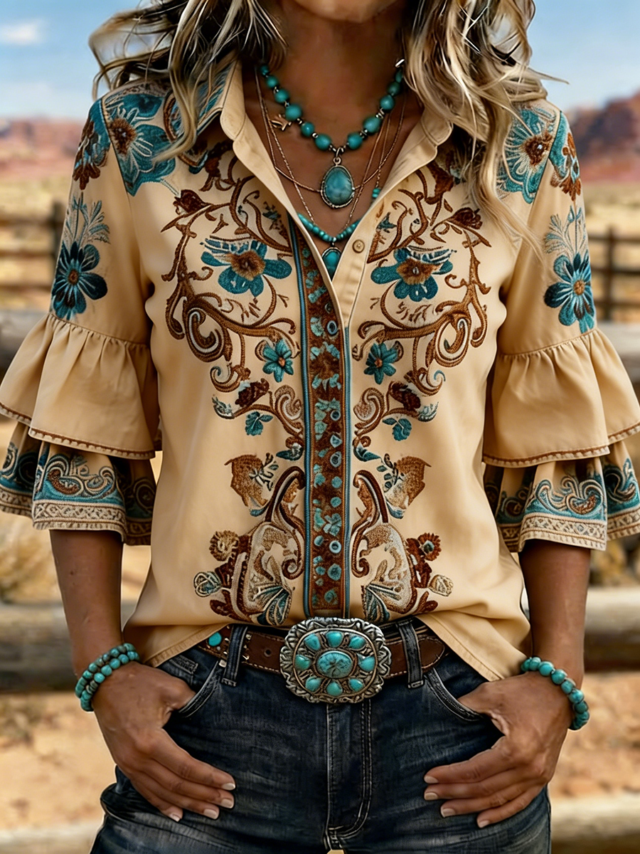 Camisa vaquera western para mujer con bordado floral y mangas acampanadas