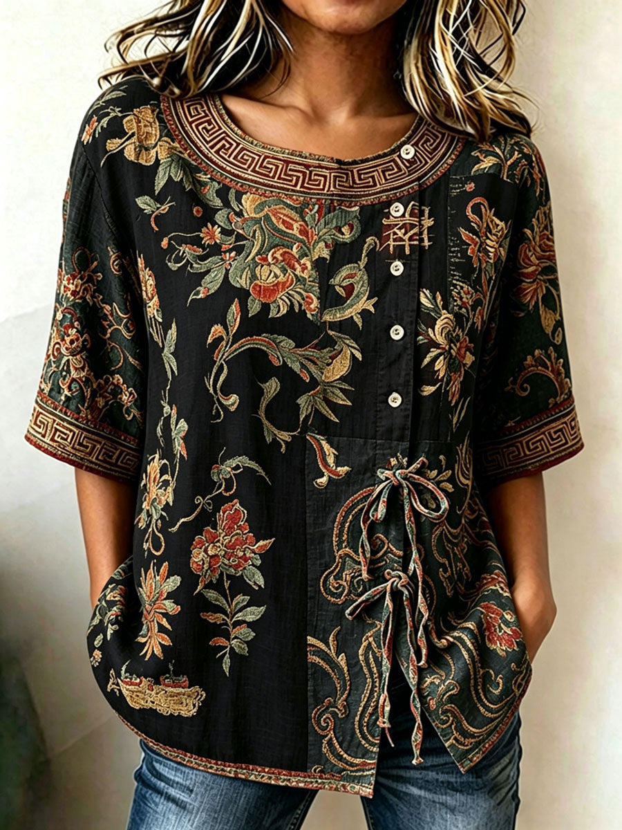 Top casual estampado de algodón y lino para mujer