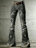 Women's Rock-Style Color-Block Flare Pants with Skull, Wings, and Playing Card Print