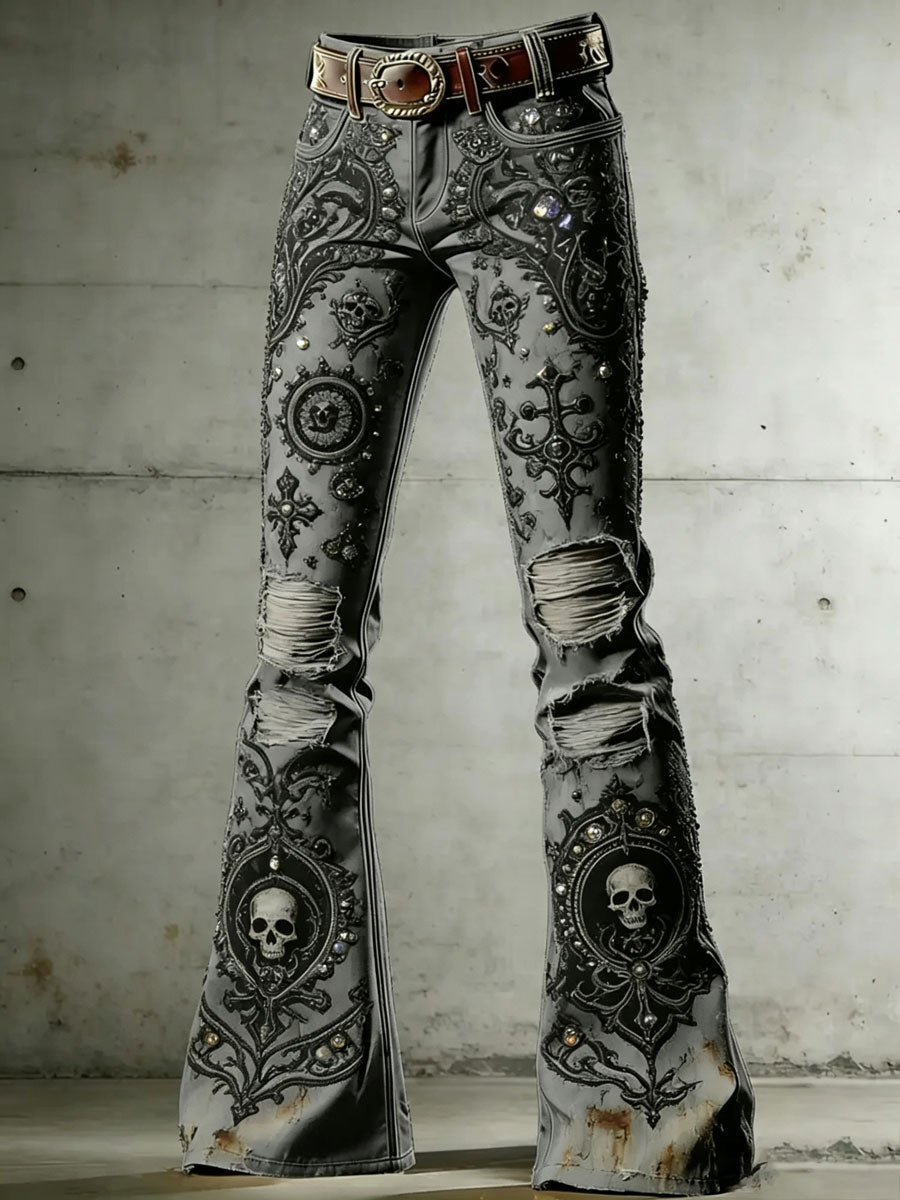Women's Rock-Style Color-Block Flare Pants with Skull, Wings, and Playing Card Print