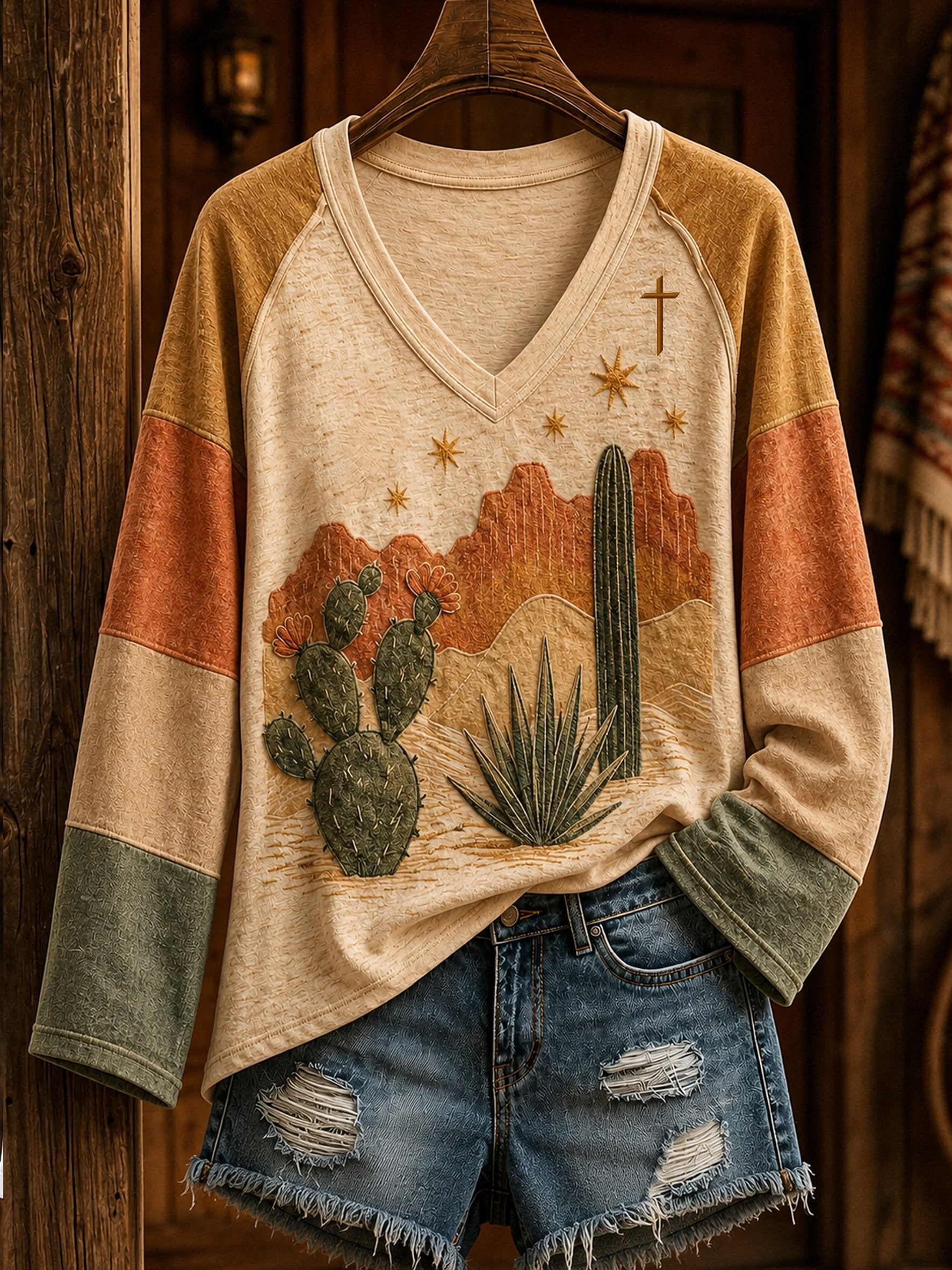 Women's Retro Western Desert Print V-Neck Top