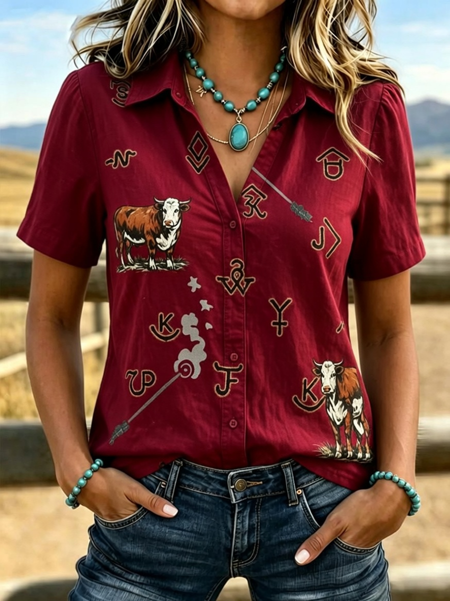 Camisa de manga corta estampada de estilo western retro para mujer