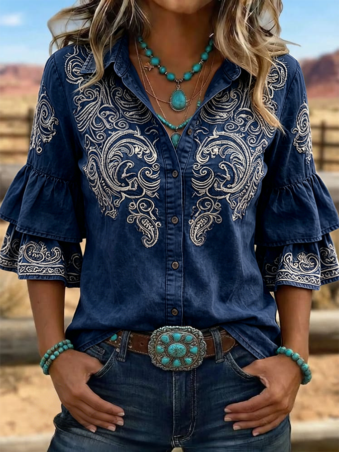 Camisa casual vintage de mujer con estampado floral, volantes y solapa