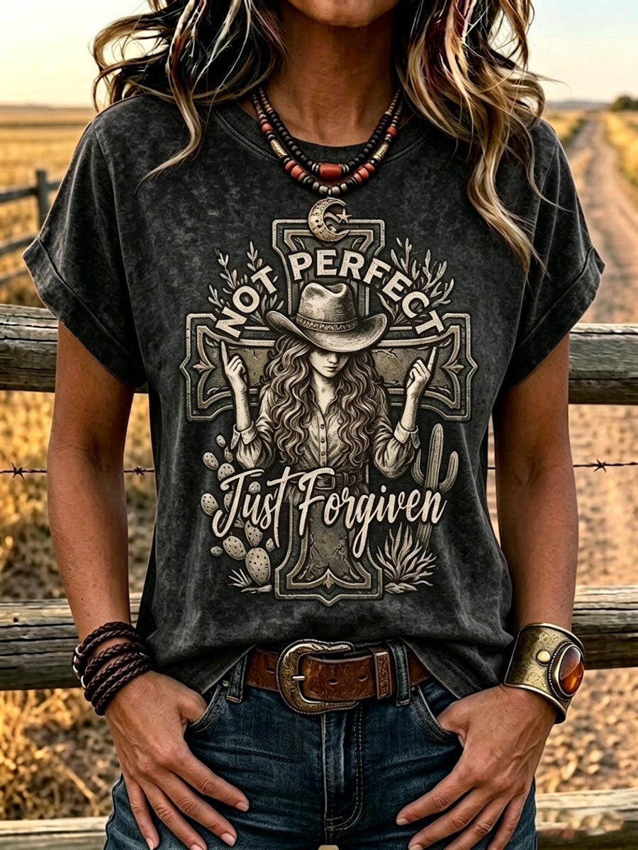 Camiseta retro de estilo western con estampado de fe para mujer