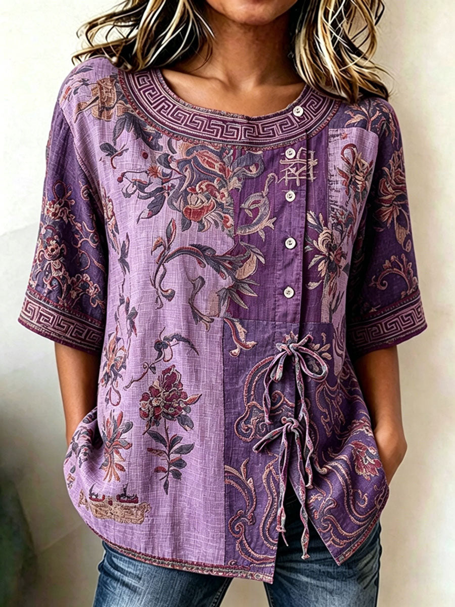 Top casual estampado de algodón y lino para mujer