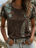 Women'S Western Style Retro Flower Cross Round Neck T-Shirt