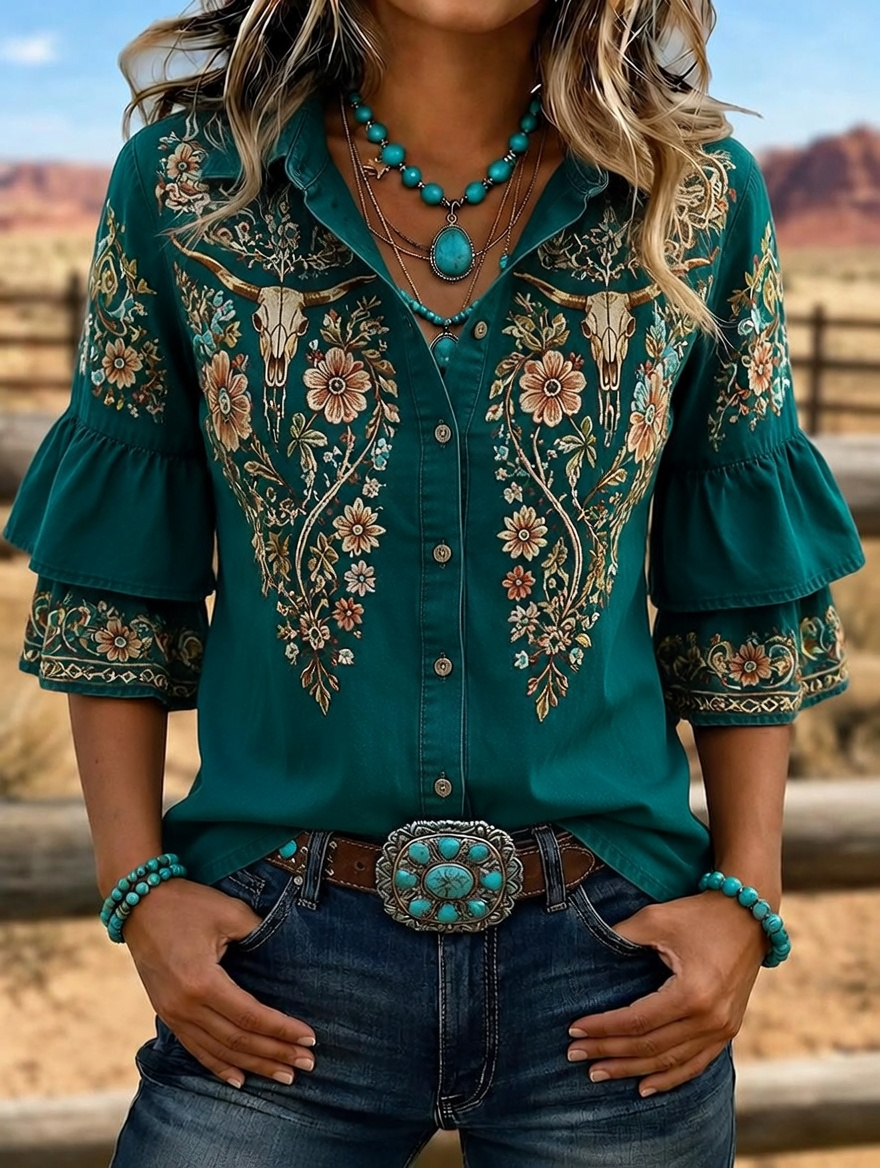 Camisa vaquera de mujer con calavera de toro bordada y mangas con volantes