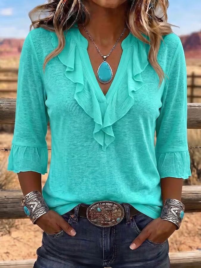 Women'S Casual Western Style V-Neck Ruffled Cotton And Linen Top