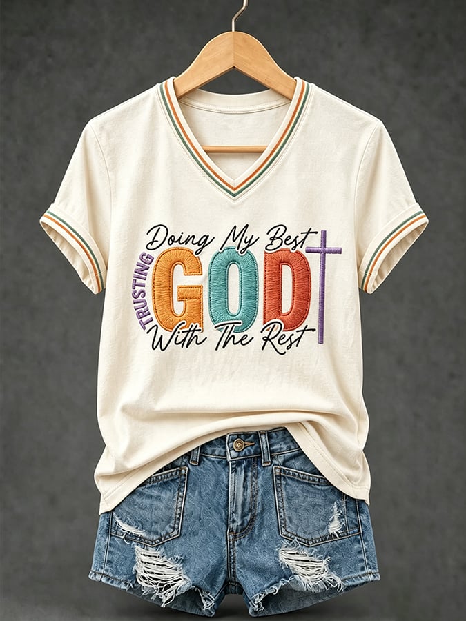 Damen T-Shirt mit V-Ausschnitt „Vertrauen in Gott“
