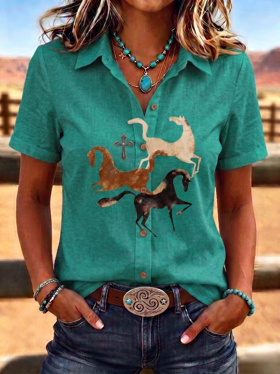 Women'S Retro Western Style Printed Short Sleeved Shirt