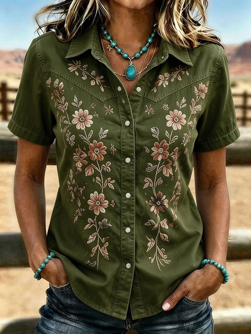 Camisa western de manga corta con bordado floral para mujer