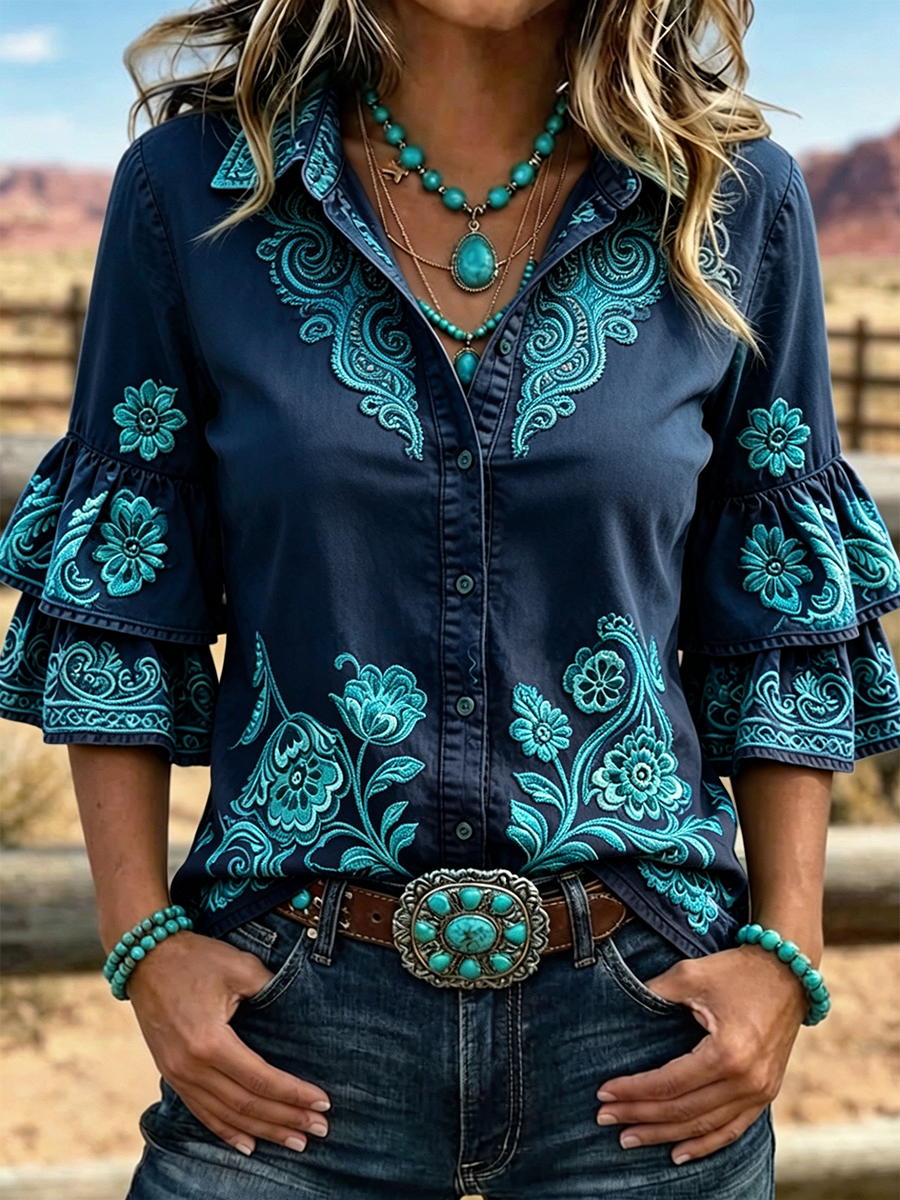Camisa western para mujer con bordado floral paisley, solapa superpuesta, volante y mangas acampanadas