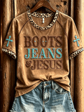 Women's Vintage Boots Jeans & Jesus Western Cross Leopard Print short-sleeved T-shirt