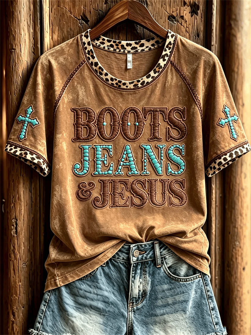 Women's Vintage Boots Jeans & Jesus Western Cross Leopard Print short-sleeved T-shirt