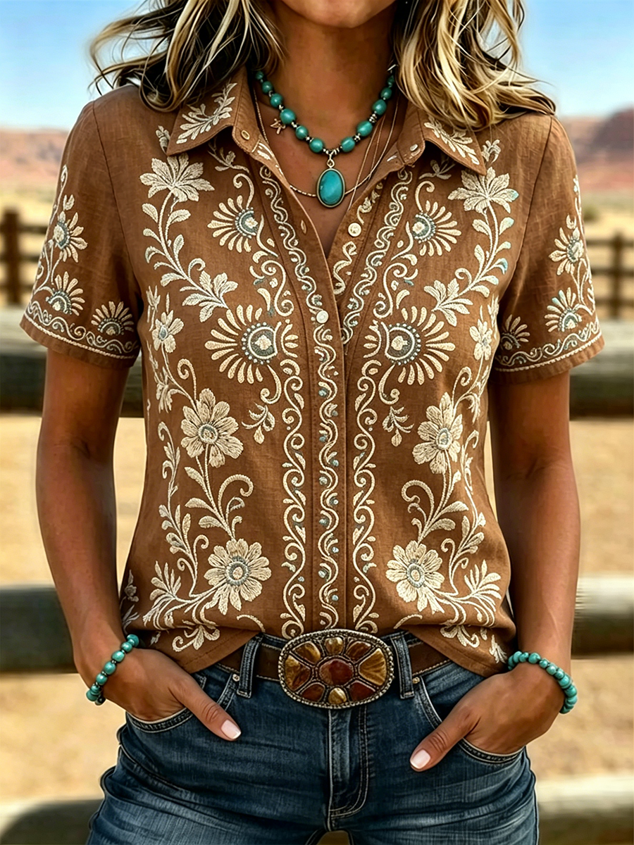 Women's Casual Retro Floral Western Shirt
