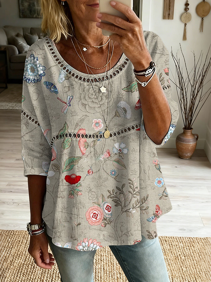 Top informal estampado con arte floral multicolor para mujer