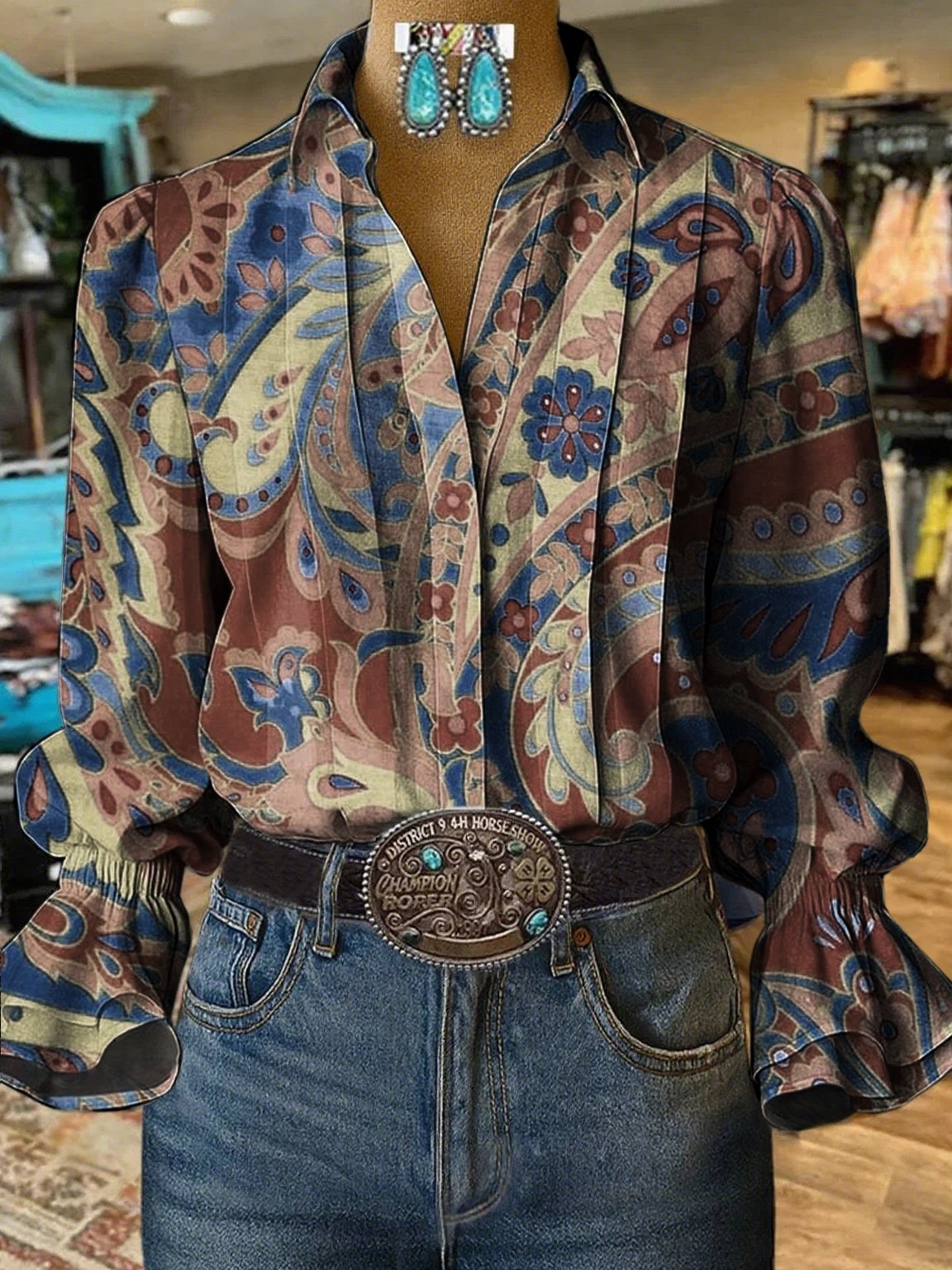 Camisa casual vaquera de mujer con mangas abullonadas y estampado
