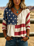 Women's Western American Flag Print Linen Top
