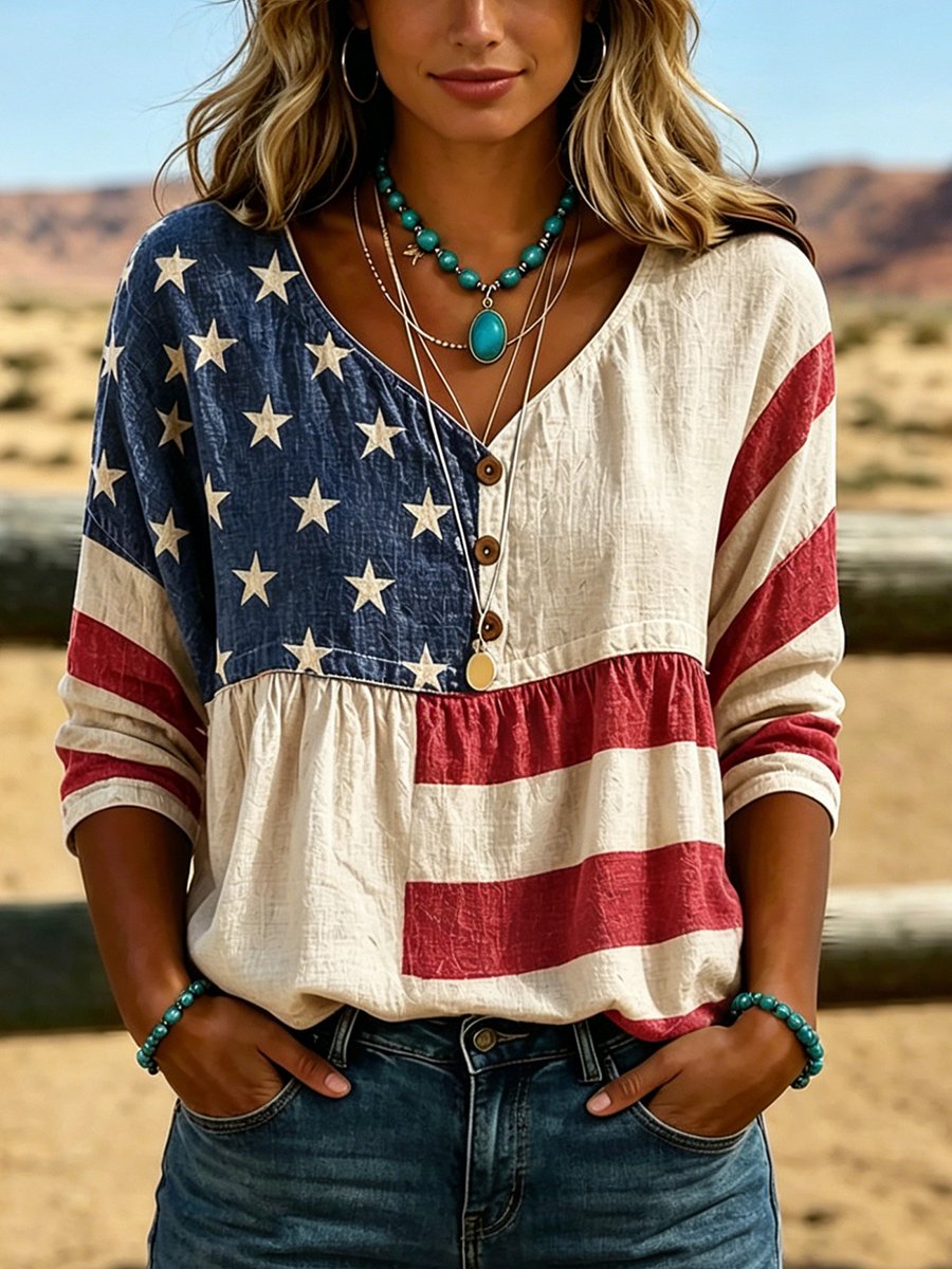 Women's Western American Flag Print Linen Top