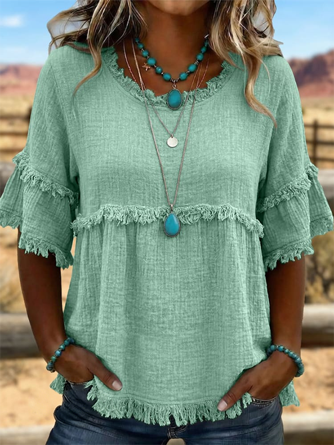 Camisa casual de algodón y lino con flecos y diseño artístico retro de estilo western para mujer