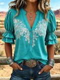 Women's Vintage Art Print Puff Sleeve Casual Shirt