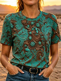 Women's Retro Western Print Crew Neck Top