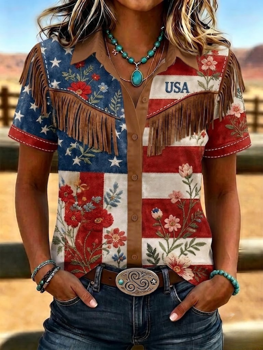 Women'S Retro Western Style Patriotic Printed Short Sleeved Shirt