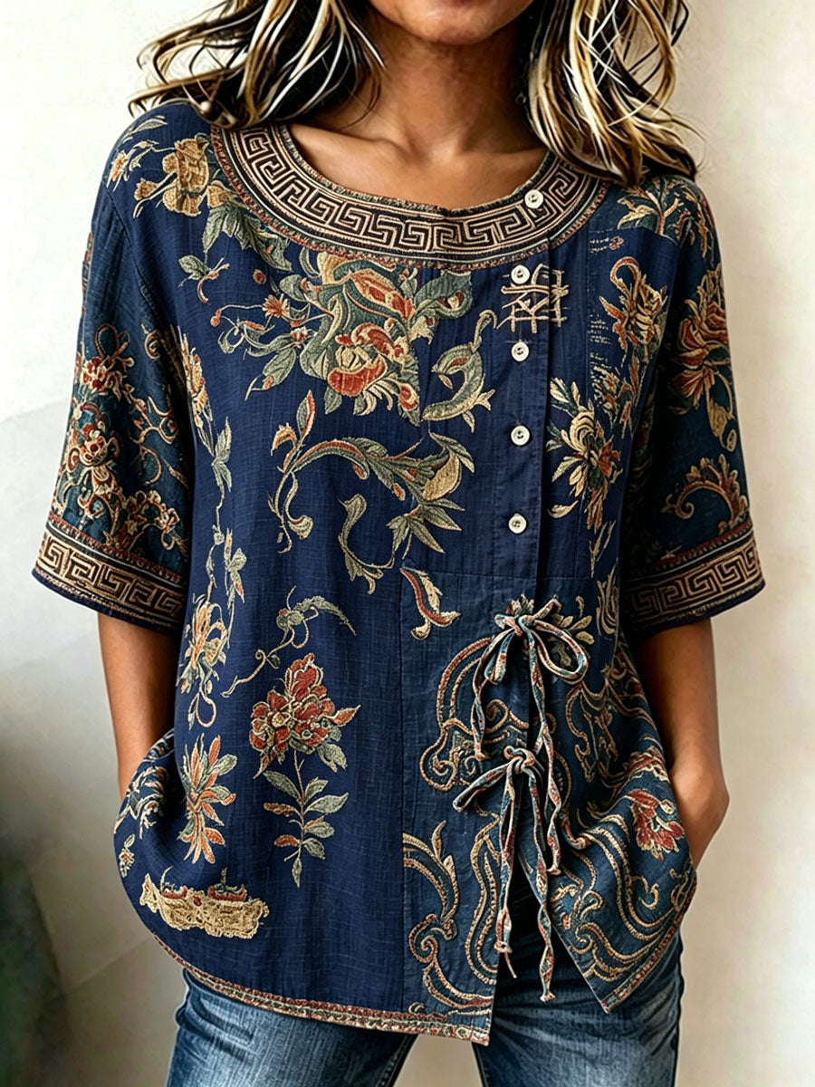 Top casual estampado de algodón y lino para mujer