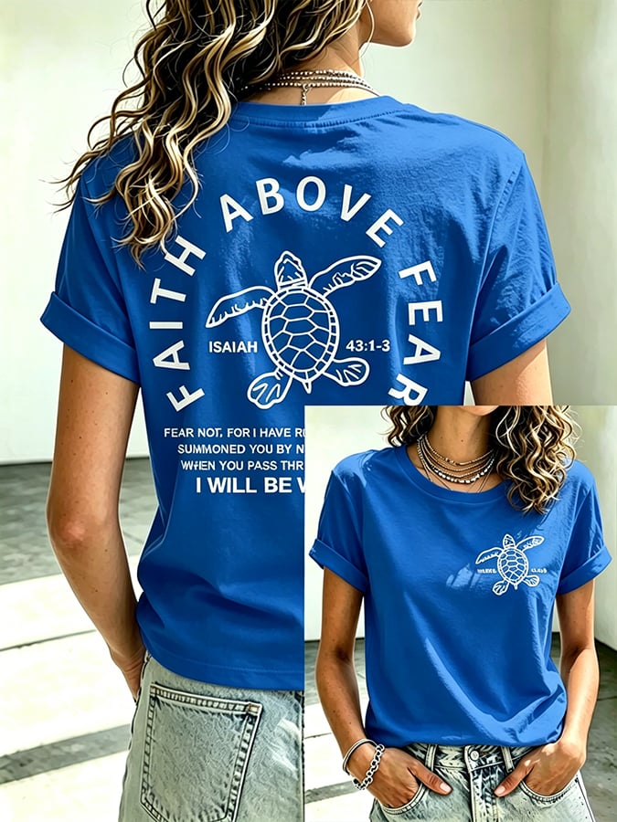 Camiseta estampada de fe para mujer, ideal para vacaciones y ocio en la playa, con tortuga marina y el mensaje «La fe por encima del miedo»