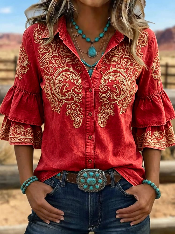 Camisa casual vintage de mujer con estampado floral, volantes y solapa