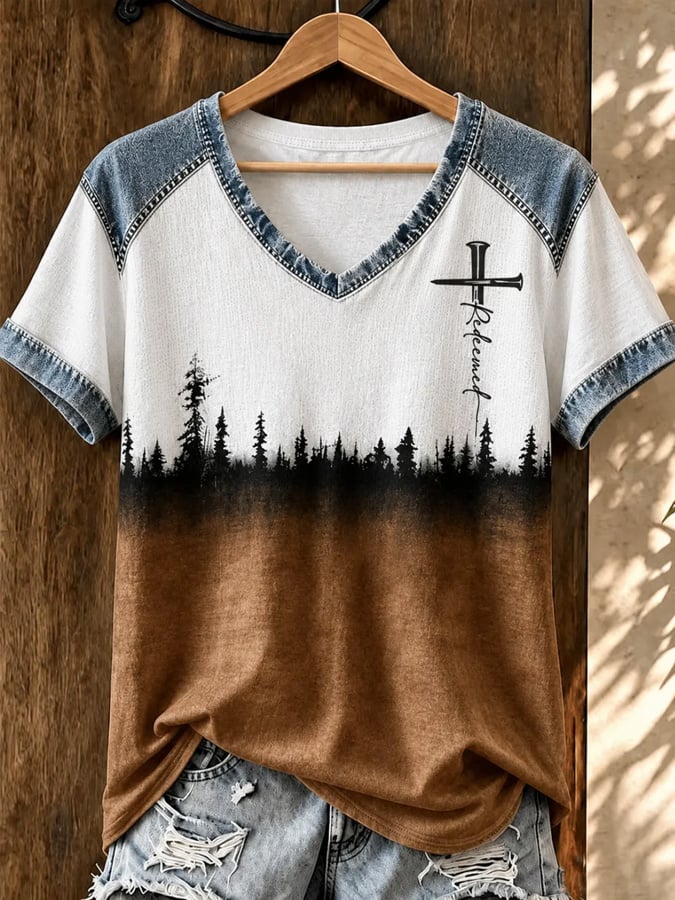 Top escotado en V con estampado vintage western de fe para mujer