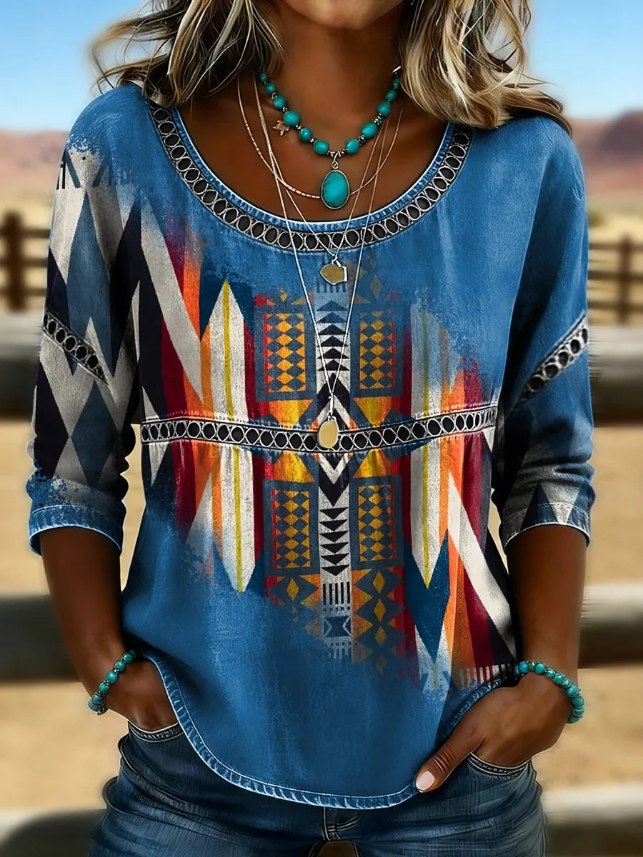 Top casual retro vaquero de mujer con estampado azteca