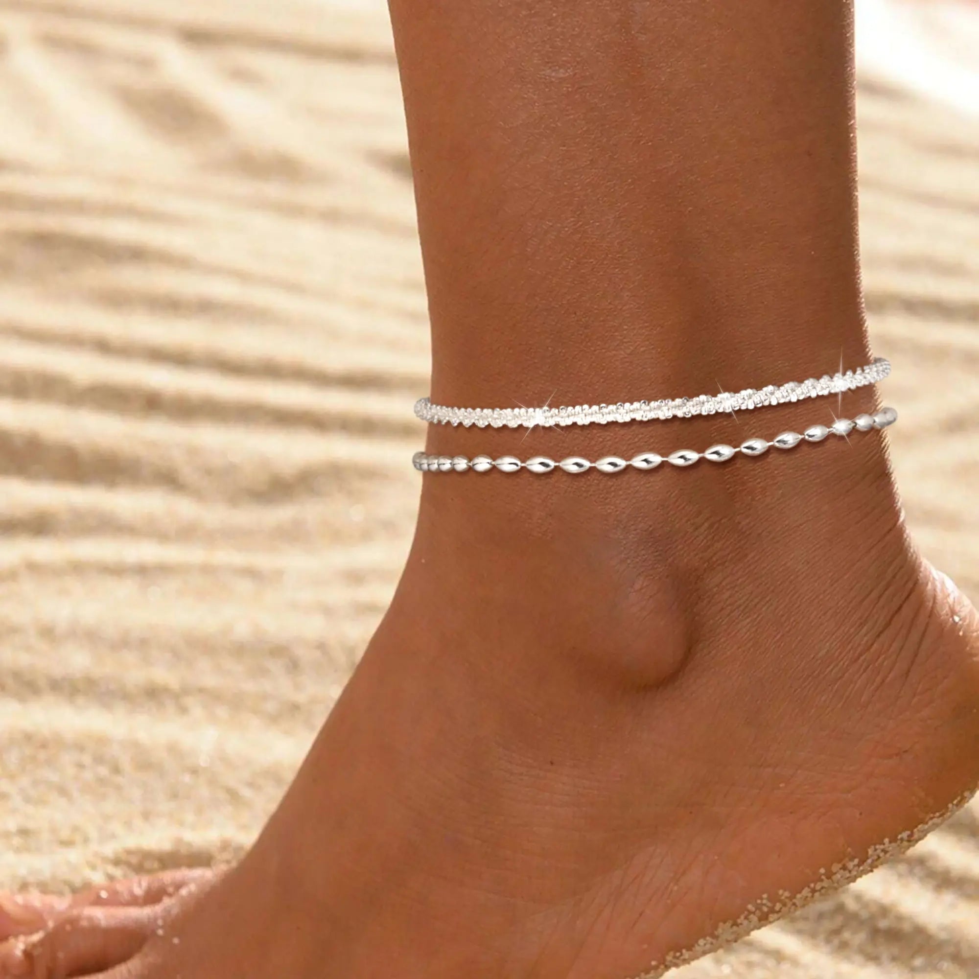 Silver Layered Waterproof Anklet Set for Women
