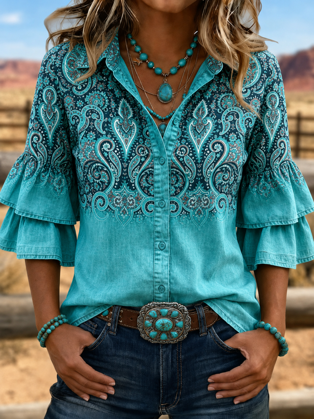 Camisa western para mujer con estampado paisley degradado, doble volante, mangas acampanadas y botones