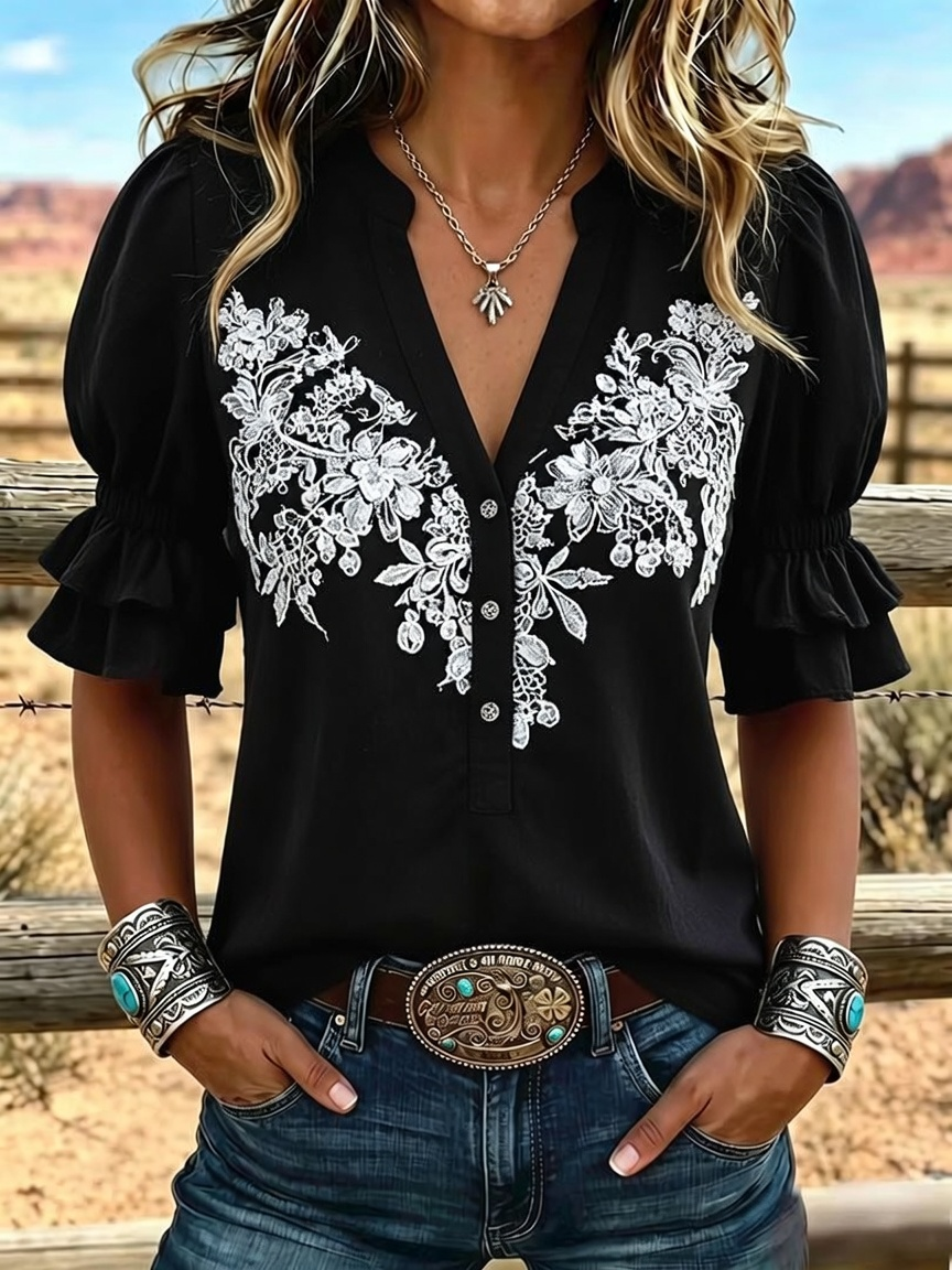 Camisa informal para mujer con estampado de arte vintage y mangas abullonadas