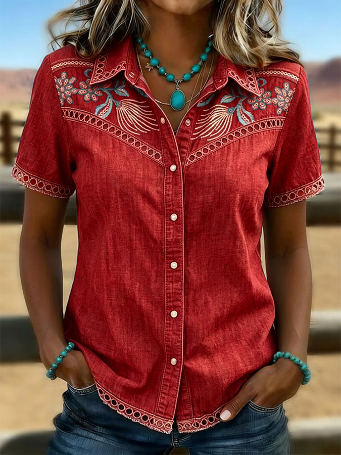 Camisa informal para mujer con estampado de arte floral vintage, paneles calados y patchwork