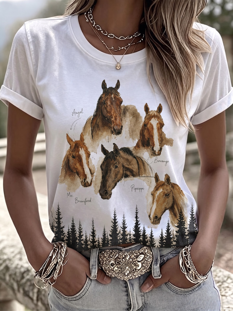Damen T-Shirt mit Tiermuster, Western-Stil, Rundhalsausschnitt