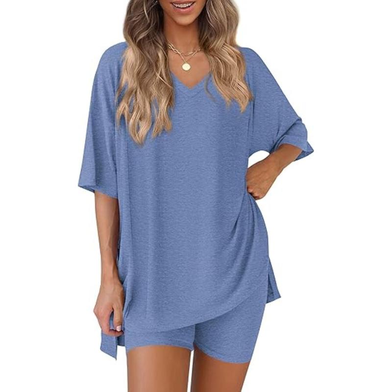 Women’s Buttery-Soft V-Neck Lounge Set – Oversized Split-Hem Top & Biker Shorts