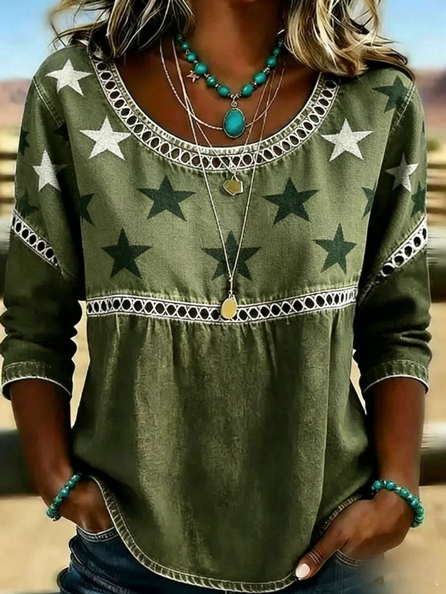 Top informal para mujer de algodón y lino, con cuello redondo y estampado