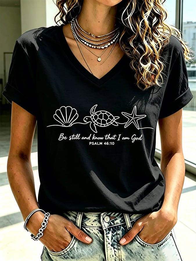 Camiseta estampada de fe para mujer, ideal para vacaciones y ocio en la playa, con tortuga marina y el mensaje «Quédate quieto y reconoce que yo soy Dios»