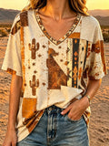 Women's Retro Western Print V-Neck Top