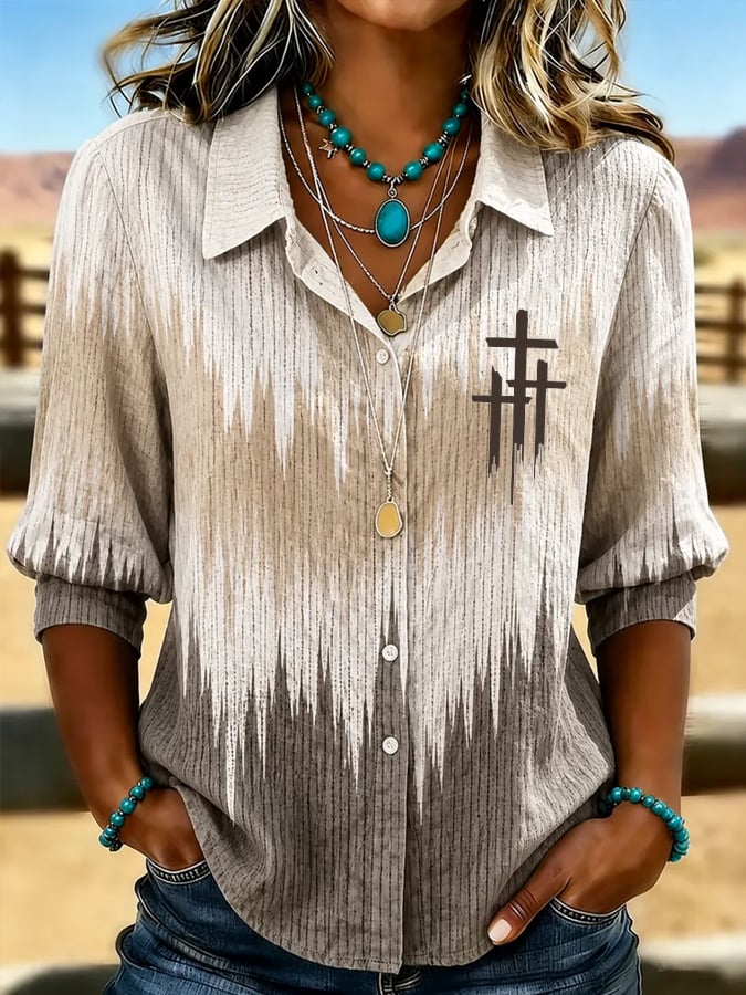 Women's Vintage Western Faith Cross Print Mid-Sleeve Shirt