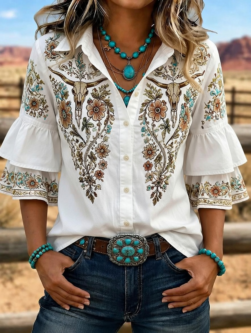 Camisa vaquera de mujer con calavera de toro bordada y mangas con volantes