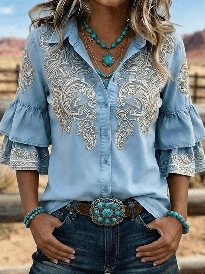 Camisa casual vintage de mujer con estampado floral, volantes y solapa