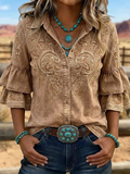 Women's Vintage Floral Print Casual Ruffle Lapel Shirt