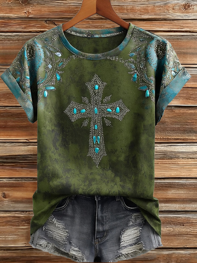 Camiseta de manga corta casual retro de mujer con estampado de fe