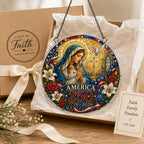 America 250 Acrylic Puzzle Window Hanging Ornament – 1776–2026 Patriotic Stained Glass Style Madonna & Child Suncatcher Decor