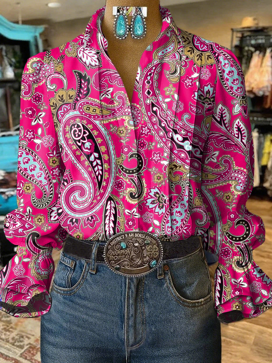 Camisa casual vaquera de mujer con mangas abullonadas y estampado