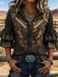 Women's Western Eagle Floral Embroidered Ruffle Sleeve Blouse
