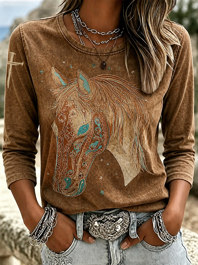 Women'S Western Style Cross Round Neck Printed Long Sleeved Shirt